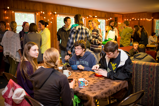 Inside the parkwoods cabin as students gather for a meal Inside the parkwoods cabin as students gather for a meal